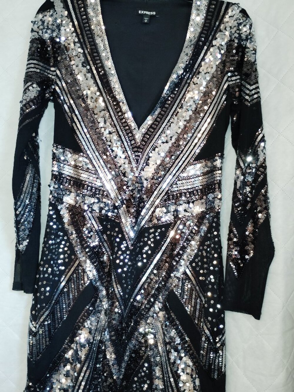 Express Black and Silver Sequin Dress with Mesh Sleeves Size Medium
